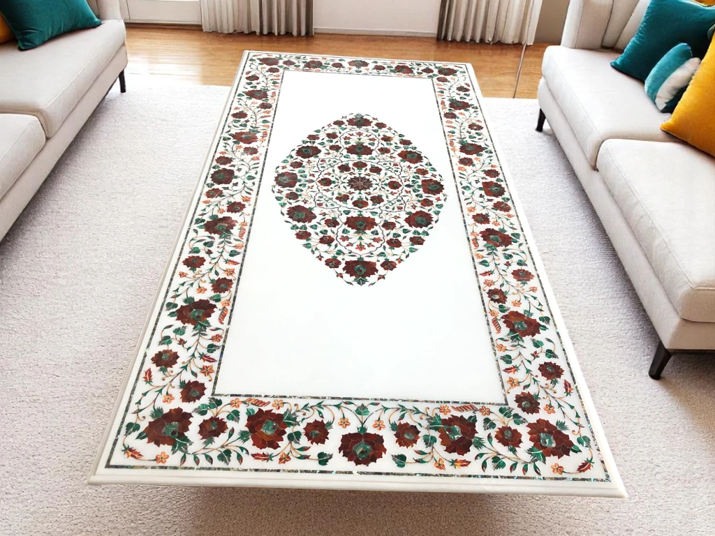 Artisan-crafted Marble Dining Table Natural Beauty of Semi Precious Gemstones